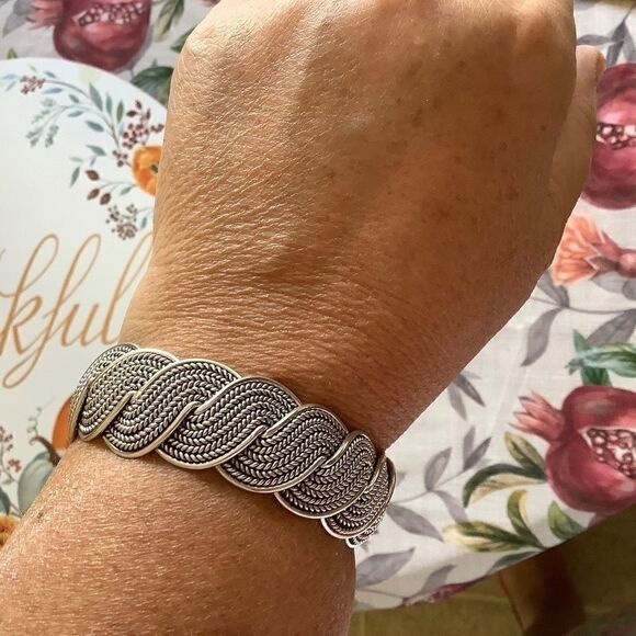 STERLING SILVER 925 SOLID WIDE BRADED WOMAN BRACELET - Picture 2 of 10